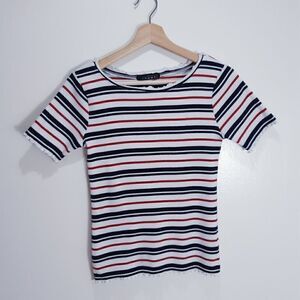 NWOT Sailor Striped Ribbed Korean Scallop Trim Top
